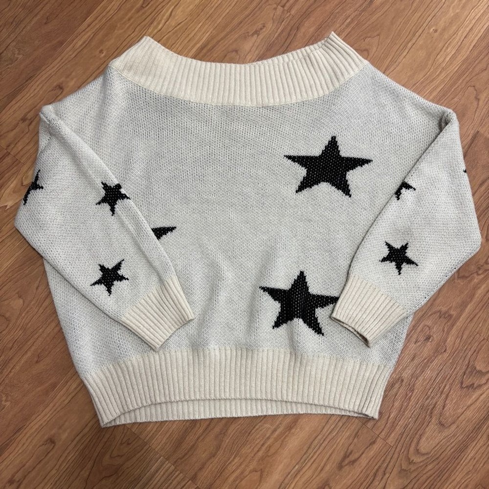 Star Sweater Cream Black Boat Neck Chunky Knit Celestial Casual Cozy XL/2XL